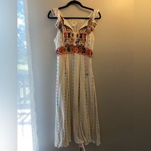 Maeve Embroidered Gauze Middi Dress with Beaded Bell Tassels